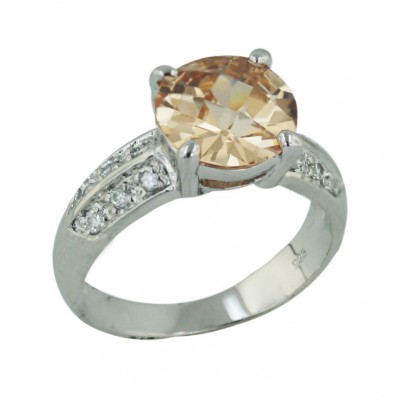 Sterling Silver Ring 10mm Round Chess Cut Champagne Cubic Zirconia