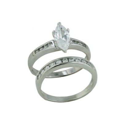 Sterling Silver Ring Engment (2 Pcs Set) Clear Cubic Zirconia Marquis