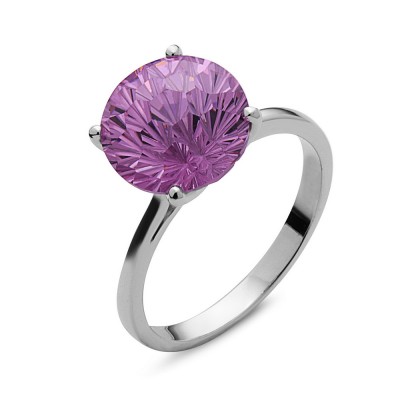 Sterling Silver Ring 10mm Amethyst Cubic Zirconia Flower Cut Solitaire