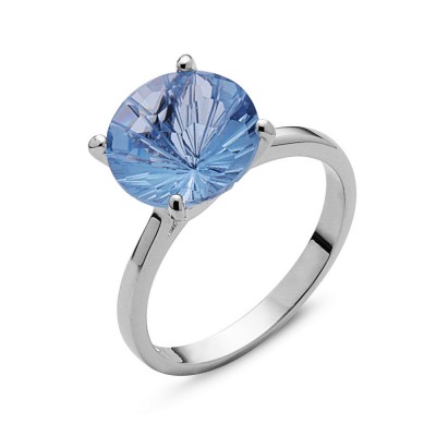 Sterling Silver Ring 10mm Aqua Marine Glass Flower Cut Solitaire
