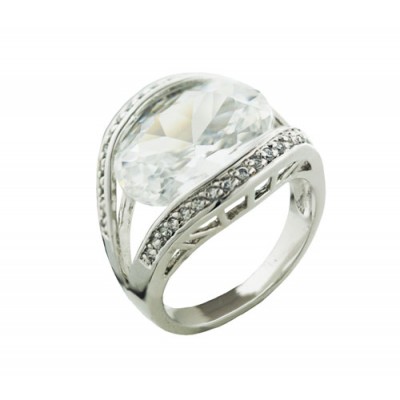 Sterling Silver Ring 16X11mm Clear Cubic Zirconia with Cubic Zirconia Split Line