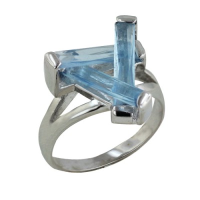 Sterling Silver Ring 3 Aqua Marine Glass Baguette Makes Triangle