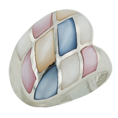 Sterling Silver Ring 3 Row Checkerboard Pink,Black,Yellow, White Mother of Pearl