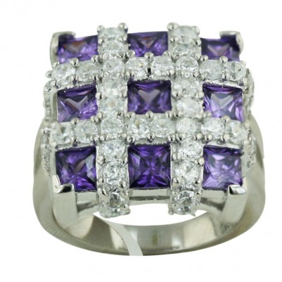 Sterling Silver Ring 17X17mm Square Amethyst Cubic Zirconia 3 Square Princess Cut with Clear