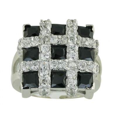 Sterling Silver Ring 17X17mm Square Black Cubic Zirconia 3 Square Princess Cut with Clear