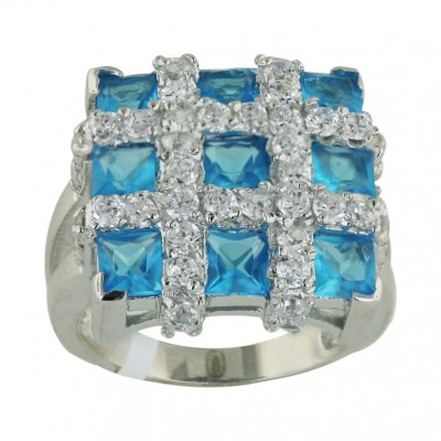 Sterling Silver Ring 17X17mm Square Blue Topaz Glass 3 Square Princes