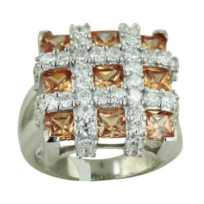 Sterling Silver Ring 17X17mm Square Champagne Cubic Zirconia 3 Square Princess Cut with Clear