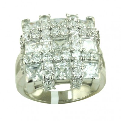 Sterling Silver Ring 17X17mm Square Clear Cubic Zirconia 3 Square Princess Cut with Clear