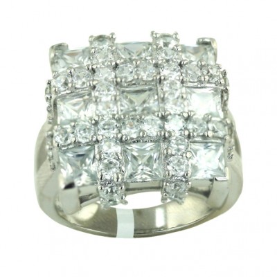 Sterling Silver Ring 17X17mm Square Black Cubic Zirconia 3 Square Princess Cut with Clear