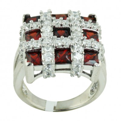 Sterling Silver Ring 17X17mm Square Garnet Cubic Zirconia 3 Square Princess Cut with Clear