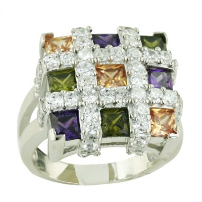 Sterling Silver Ring 17X17mm Square Champagne+Amethyst+Olivine Cubic Zirconia 3 Square Princess Cut