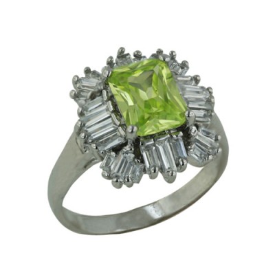 Sterling Silver Ring 9X7mm Light Per.Cubic Zirconia Rectangular with Baguette