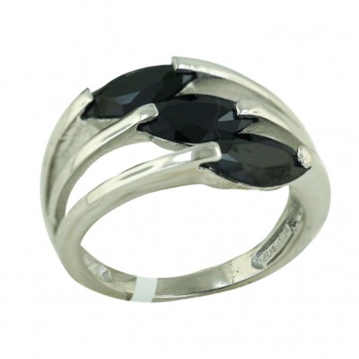 Sterling Silver Ring 3 Line with Black Cubic Zirconia Marquis--Rhodium Plating/Nickle Free--