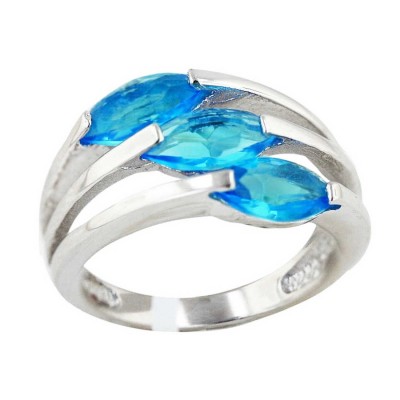 Sterling Silver Ring 3 Line with Blue Topaz Glass Marquis--E-coated/Nickle Free