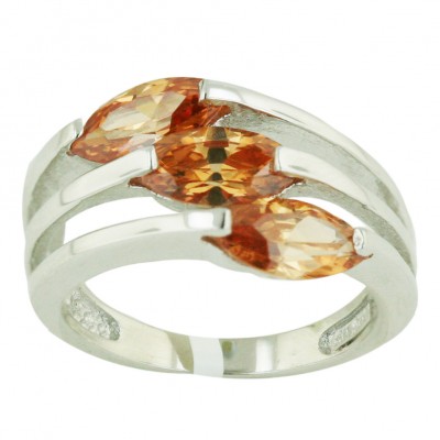 Sterling Silver Ring 3 Line with Champagne Cubic Zirconia Marquis--E-coated/Nickle Free--