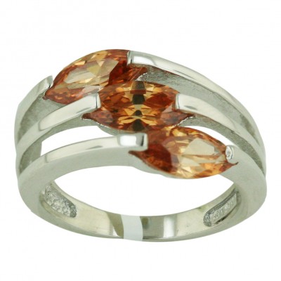 Sterling Silver Ring 3 Line with Champagne Cubic Zirconia Marquis--Rhodium Plating/Nickle Free--