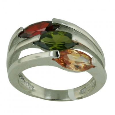 Sterling Silver Ring 3 Line with Garnet +Olivine+Champagne Cubic Zirconia Marquis