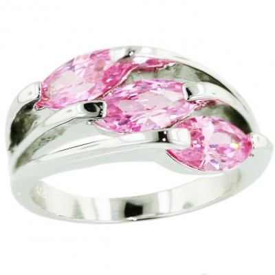 Sterling Silver Ring 3 Line with Pink Cubic Zirconia Marquis--E-coated/Nickle Free--