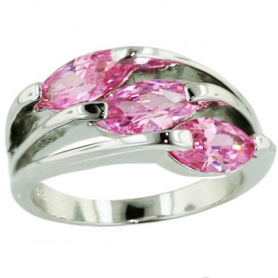 Sterling Silver Ring 3 Line with Pink Cubic Zirconia Marquis--Rhodium Plating/Nickle Free--