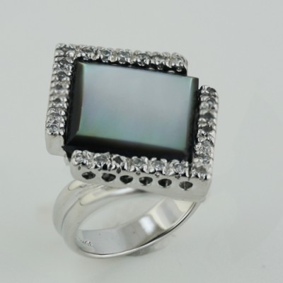 Sterling Silver Ring Black Mother of Pearl Square with Cubic Zirconia Around