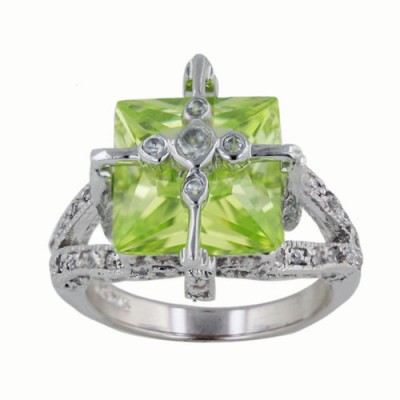 Sterling Silver Ring Apple Green Cubic Zirconia Square 12 mm with 5 Cubic Zirconia Bezel Wrap
