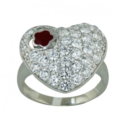 Sterling Silver Ring Red Epoxy#16 Flower on Clear Cubic Zirconia Heart