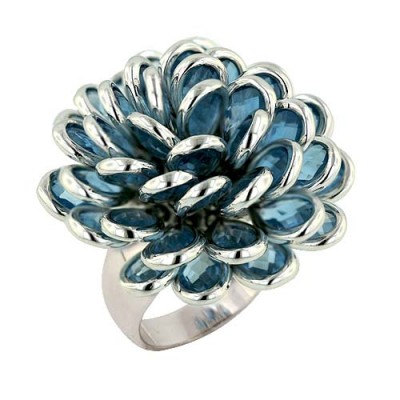 Sterling Silver Ring Aqua Marine Glass Cluster Flower