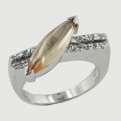 Sterling Silver Ring Double Cubic Zirconia Line with Champagne Cubic Zirconia Cabochon Marquis