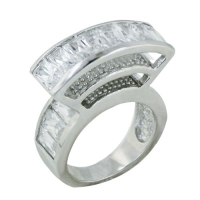 Sterling Silver Ring Clear Cubic Zirconia Baguette Channel with High Rise Ctr