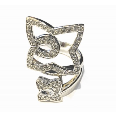 Sterling Silver Ring Oppositive Big+Sm Clear Cubic Zirconia Squeeze in Rectangular with Open