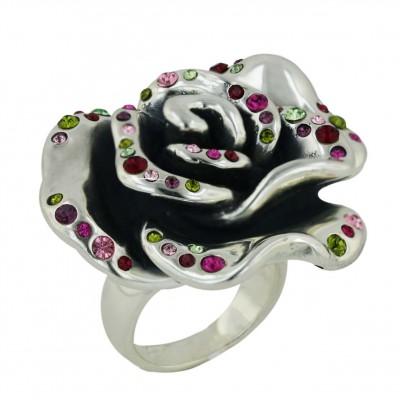 Sterling Silver Ring 41X34mm Oxidized Inner Rose with Rb+Olivine+Amethyst+Pink+