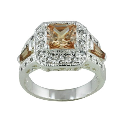 Sterling Silver Ring 7X7mm Princess Cut Square Champagne Cubic Zirconia with Baguette