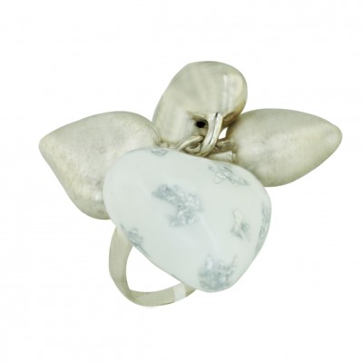 Sterling Silver Ring 21mm White Enamel Heart with Silver Confetti+