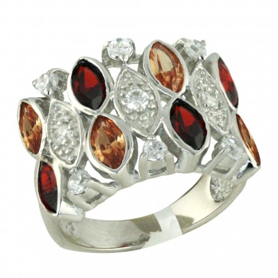 Sterling Silver Ring Garnet +Champagne Cubic Zirconia Marquis with Clear Cubic Zirconia--Rhodium Plating/Nickle Free--