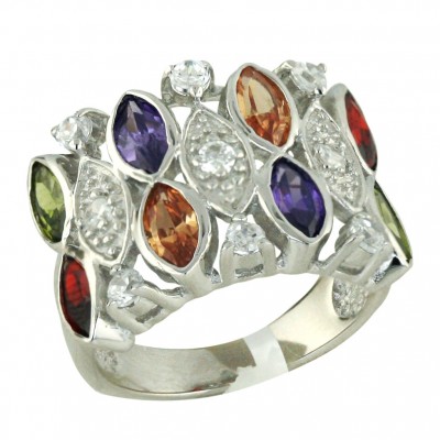Sterling Silver Ring Garnet +Olivine+Champagne+Amethyst Cubic Zirconia Marquis-Rhodium Plating/Nickle Free-- - 7