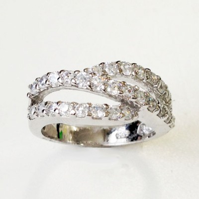 Sterling Silver Ring 3 Criss Cross Cubic Zirconia Line