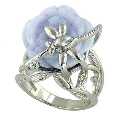 Sterling Silver Ring Blue Lace Agate Rose with Dragonfly Top+Leaf
