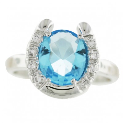 Sterling Silver Ring Aqua Marine Cubic Zirconia Horseshoe--Color Code J12