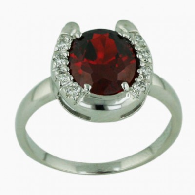 Sterling Silver Ring Garnet Cubic Zirconia Horseshoe