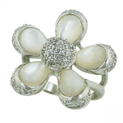 Sterling Silver Ring White Mother of Pearl Tear Drop Flower with Cubic Zirconia