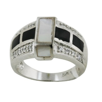 Sterling Silver Ring White Mother of Pearl+Onyx with Cubic Zirconia