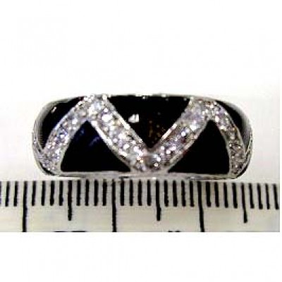 Sterling Silver Ring Black Enamel Band with Zig-Zag Clear Cubic Zirconia