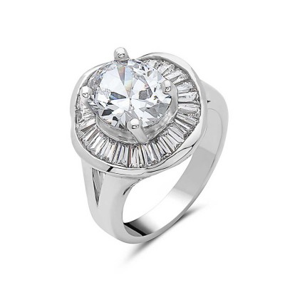 Sterling Silver Ring 10X8mm Oval Clear Cubic Zirconia with Baguette Sided--E-C