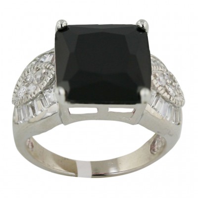 Sterling Silver Ring 12X12mm Square Black Cubic Zirconia with Pave Cubic Zirconia Marquis+Bague
