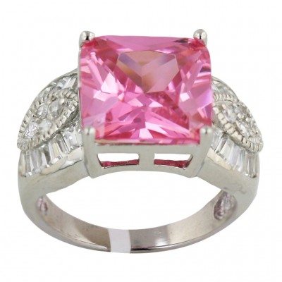 Sterling Silver Ring 12X12mm Square Pink Cubic Zirconia with Pave Cubic Zirconia Marquis+Bague
