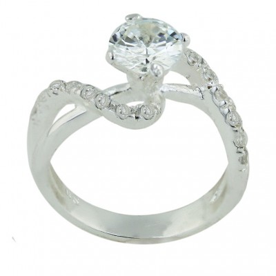 Sterling Silver Ring Wavy Cubic Zirconia with 6mm Solitaire Clear Cubic Zirconia--E-coated