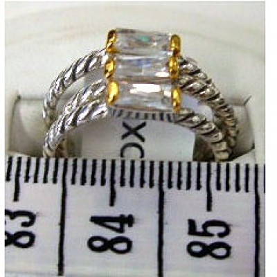Sterling Silver Ring 3 Stack Oxidized Rope Band+Clear Cubic Zirconia Baguette