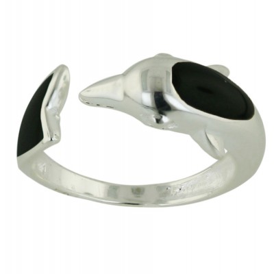Sterling Silver Ring Oppositive Onyx Dolphin+Tail