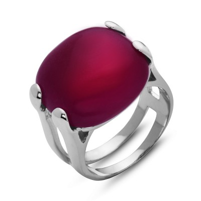 Sterling Silver Ring Cushion Cut Deep Pink Jade Square 18mm