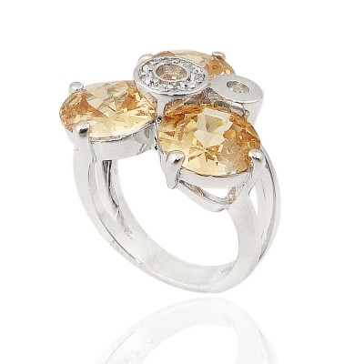 STERLING SILVER RING 3PCS 10MM CHESS CUT CHAMPAGNE CUBIC ZIRCONIA WITH PLAIN+CUBIC ZIRCONIA CIRC